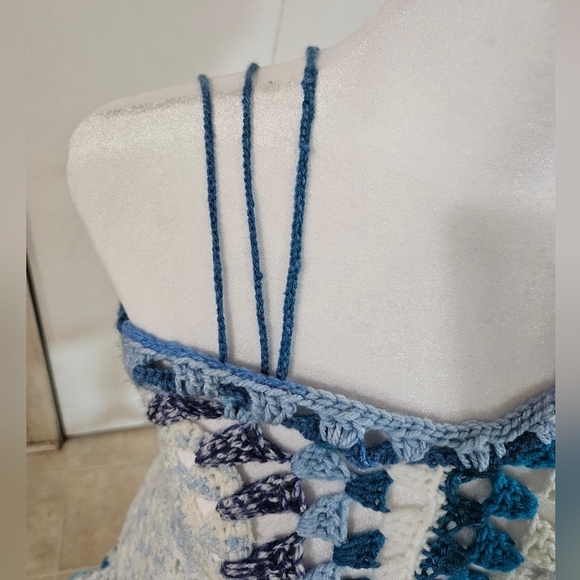 Hand Crafted crochet handmade top eclectic textile wearable art blue upcycled - Picture 5 of 16